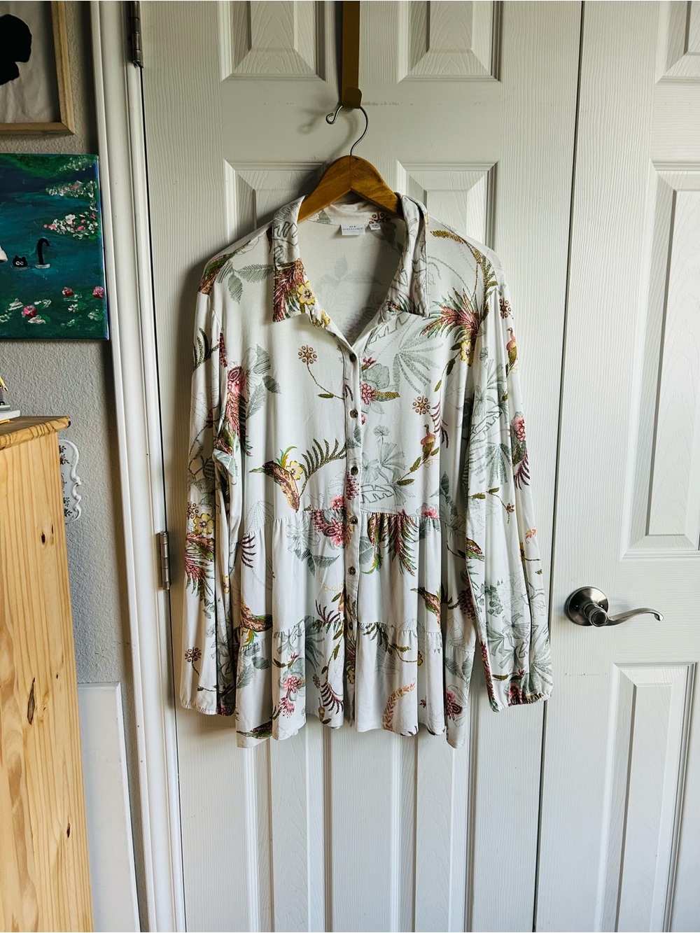 New Directions white tropical print long sleeve button down mini tunic dress
